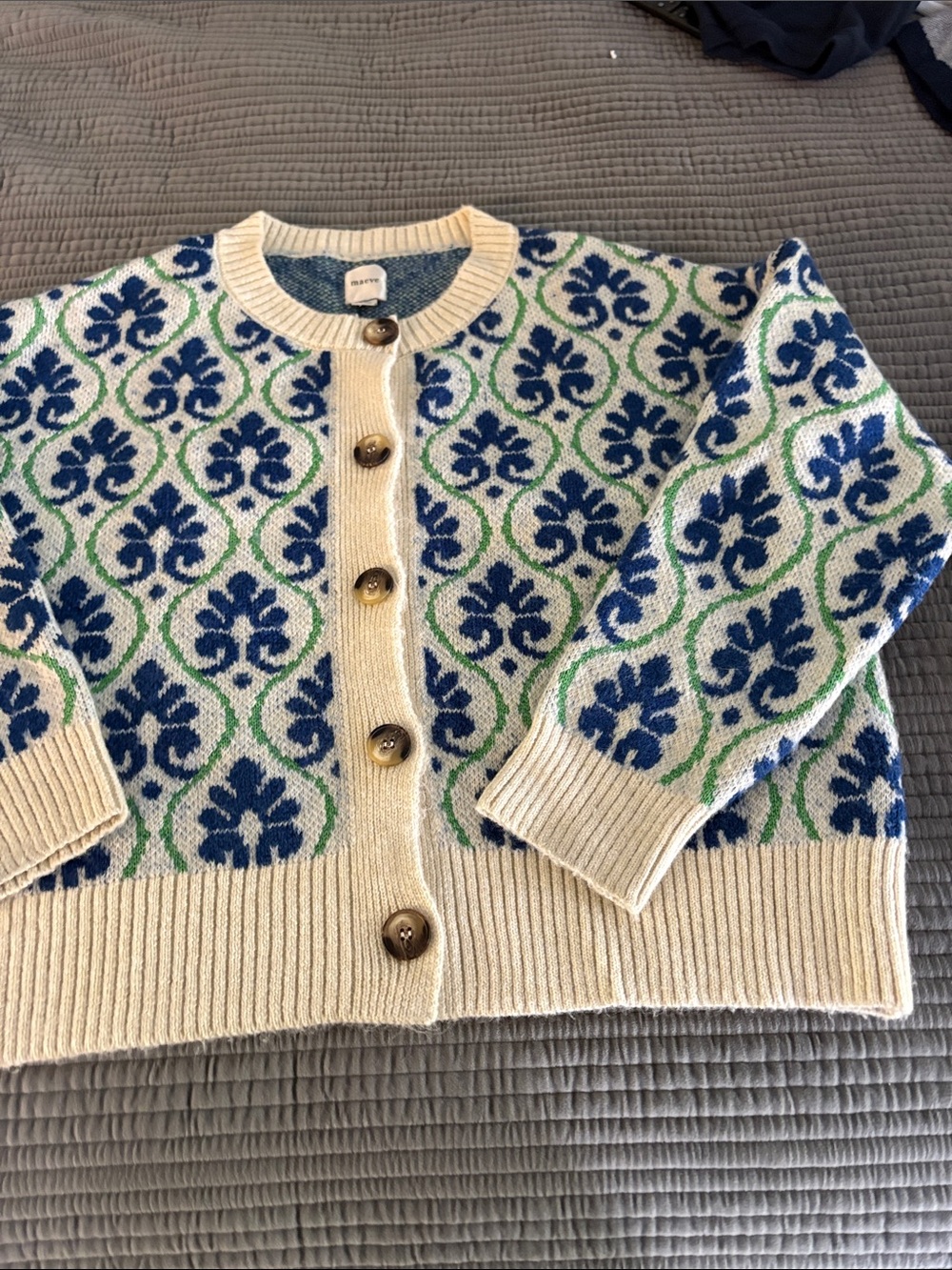 Anthropologie Cream Cardigan with Blue and Green Floral Motif